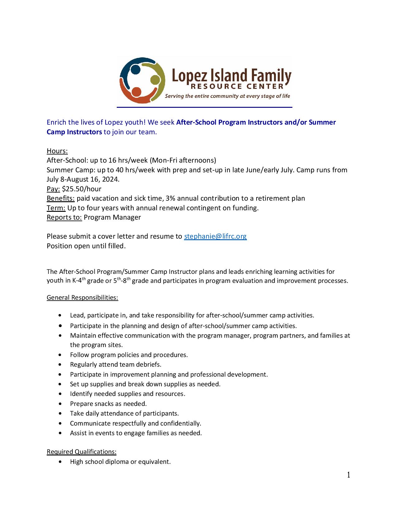 We Are Hiring For After-School And Summer Camp Instructor! - Lopez ...