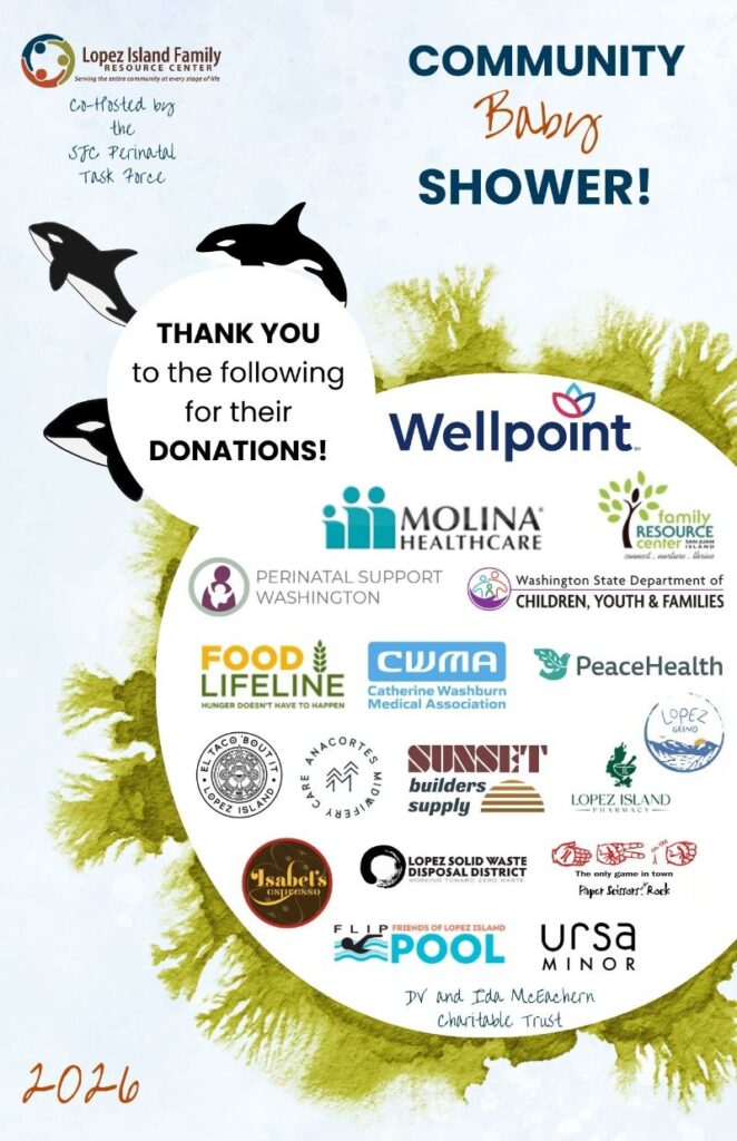 A poster thanking all the donors that made the community baby shower possible.